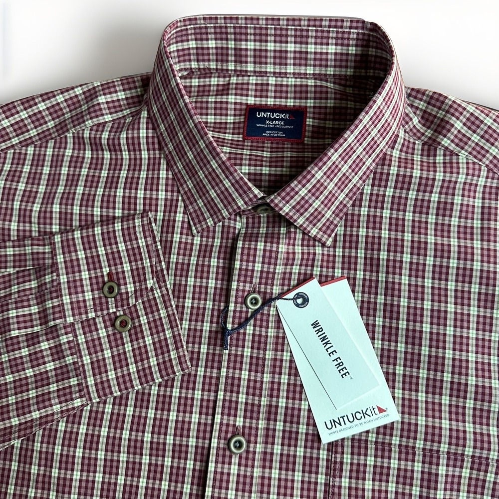 NEW UNTUCKit Gisborne Shirt Mens XL Red PLaid Wrinkle-Free Cotton Casual Work